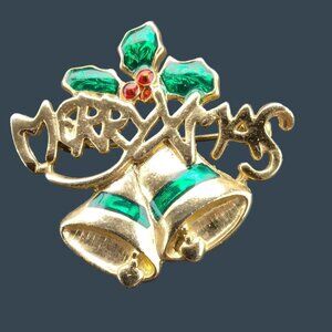 Bells Ringing Merry Christmas Pin Brooch Holly Berry  Vintage Holiday Jewelry
